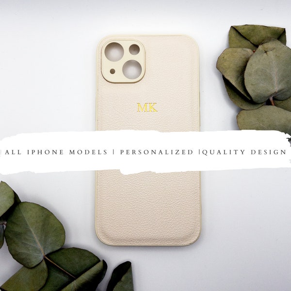 Personalized Beige White Monogram iPhone Case - Embossed Vegan Leather Designer Cover for iPhone 15, 14, 13, Mini, Pro, Max, all iPhones