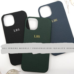 Étui iPhone en cuir personnalisé, iPhone initial Monogramme personnalisé 15, 14, 13,12,11,Xr, X,8,7, Mini, Pro, Max Idée cadeau en cuir personnalisée image 1