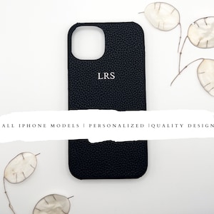 Gepersonaliseerde zwart lederen telefoonhoes, aangepaste monogram initiaal iPhone 16, 15 14 13 12 Pro Max Mini, iPhone XR, XS, 8, 7, SE aangepast hoesje