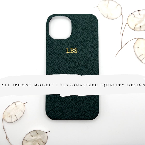 Dunkelgrüne Vegan Leder iPhone Case - personalisierte Monogram Cover für iPhone 15, 14, 13, 12, 11, Xr, X, 8, 7, Mini, Pro, Max