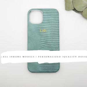 Élégante coque d'iPhone à monogramme bleu sarcelle à imprimé croco/lézard/alligator, compatible avec iPhone 16/15/14/13/12/11, accessoire design personnalisé