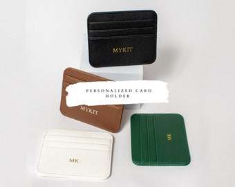 Porte-cartes monogramme personnalisé fait main, portefeuille en cuir végétalien, design mince et minimaliste en relief personnalisé - L'idée cadeau parfaite