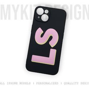 Gepersonaliseerde 3D-initiaal zwart iPhone 16, 15, 14, 13 Max, Pro, minihoesje | Telefoonhoesje met gepersonaliseerd monogram | Roze en gele print