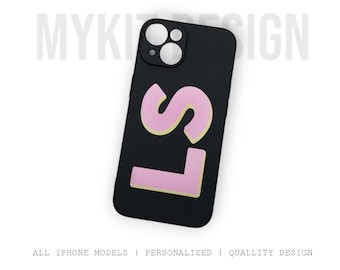 Personalisierte 3D Initial Black iPhone 14, 13, 12,11 Max, Pro, Mini Case | Personalisierte Monogramm Handyhülle | Rosa und gelber Druck