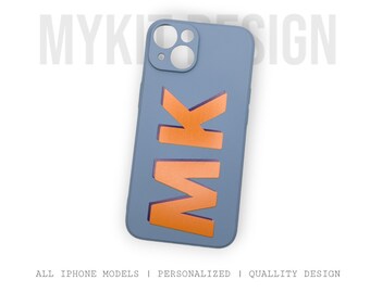 Personalisierte 3D Initial Hellblau Orange iPhone 14, 13, 12, 11 Max, Pro, Mini Hülle | Personalisierte Monogramm Handyhülle - Perfekte Geschenkidee