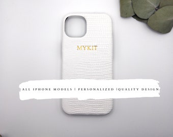 Coque de portable personnalisée en cuir de crocodile blanc avec monogrammes initial - Design de protection chic et tendance pour iPhone 15, 14, 13, 12, 11, X Pro, Max, Mini