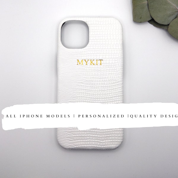 Custom White Crocodile Leather Phone Case with Monogram Initials - Trendy Chic Protective Design for iPhone 15, 14,13,12,11,X Pro, Max, Mini