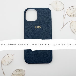 Gepersonaliseerde marineblauw leren telefoonhoesje, aangepaste monogram initiaal iPhone 16 15 14 13 12 11 Pro Max Mini, iPhone XR, XS, 8, 7, SE aangepast