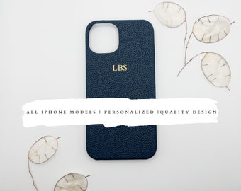 Personalized Navy Blue leather Phone Case, Custom Monogram initial iPhone 15 14 13 12 11 Pro Max Mini, iPhone XR, XS, 8, 7, SE Customised