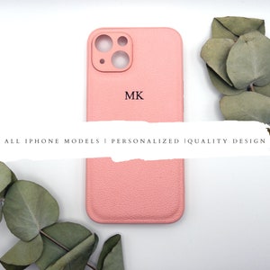 Custom Pink Embossed Monogram Vegan Leather Phone Case - Cute iPhone 15, iPhone 14, iPhone 13, iPhone 12, 11 Pro Max Mini, iPhone XR, 8 Gift