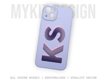 Coque iPhone 14, 13, 12, 11 Max, Pro, Mini Personnalisée 3D Initial Lavande Violet | Couverture de téléphone monogramme personnalisé