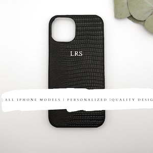 Chic Black Personalized Leather iPhone Protector, Compatible with iPhone 16/15/14/13/12/11, Customized Monogram Accessory