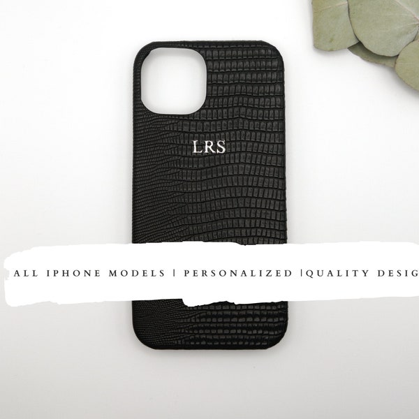 Chic Black Personalized Leather iPhone Protector, Compatible with iPhone 15/14/13/12/11, Customized Monogram Accessory