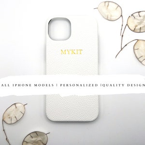 Gepersonaliseerde witte leren telefoonhoes, aangepaste monogram initiaal iPhone 16, 15, 14 13 12 11 Pro Max Mini, XR, XS, 8, 7, SE aangepast hoesje