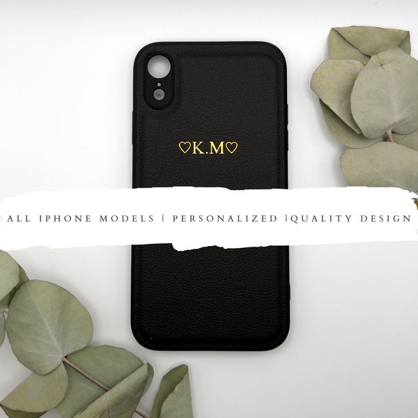 Black Personalized Monogram Vegan Leather iPhone Case - iPhone 15, 14, 13, 12, 11, Xr, X, 8, 7, Mini, Pro, Max - Protect Your Phone in Style