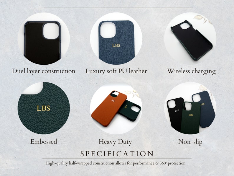 Étui iPhone en cuir personnalisé, iPhone initial Monogramme personnalisé 15, 14, 13,12,11,Xr, X,8,7, Mini, Pro, Max Idée cadeau en cuir personnalisée image 5