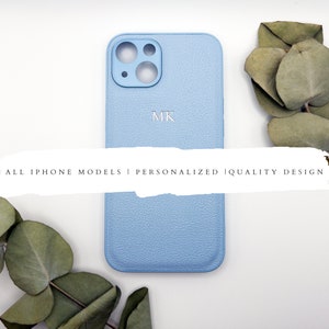 Cute Personalized Light Blue Monogram iPhone Case - Embossed Vegan Leather Designer Cover iPhone 15, 14, 13, Mini, Pro, Max, all iPhones