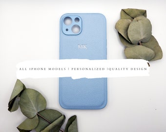 Jolie coque personnalisée pour iPhone monogramme bleu clair - Housse design en cuir végétalien gaufré pour iPhone 15, 14, 13, Mini, Pro, Max, tous les iPhones
