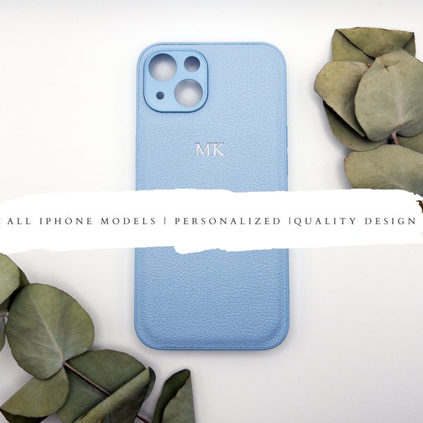 Simpatica custodia personalizzata per iPhone con monogramma azzurro chiaro - Cover di design in pelle vegana in rilievo per iPhone 15, 14, 13, Mini, Pro, Max, tutti gli iPhone