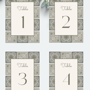 Neutral Spanish Tiles table numbers, Neutral Spanish, printable table numbers, canva template