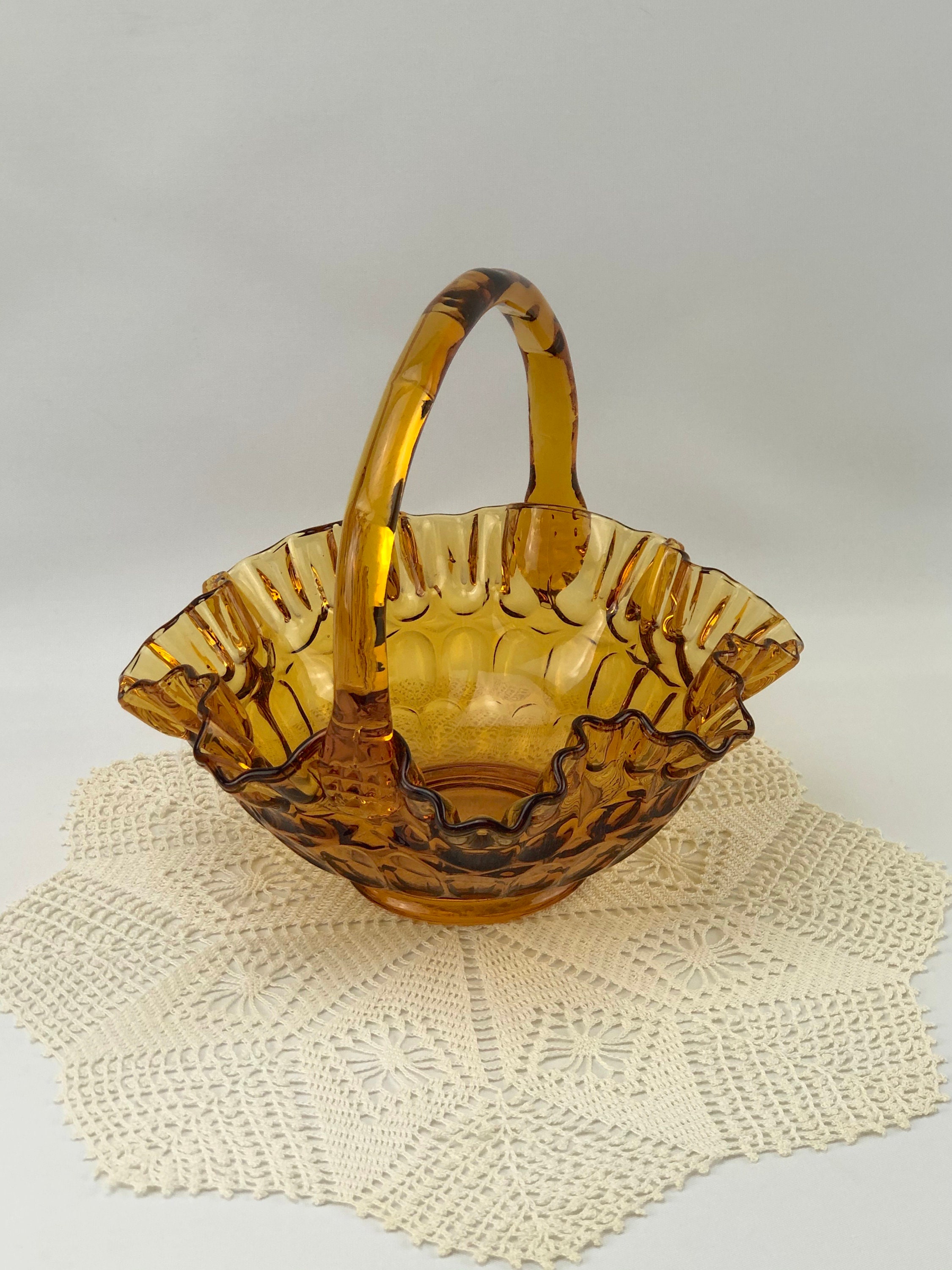 Fanton Crimped Amber Glass Basket With Handle, Handmade, Thumbprint ...