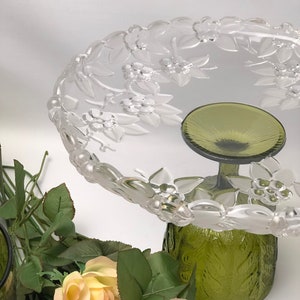 Vintage Mikasa Green Glass Cake Stand, Flower Design