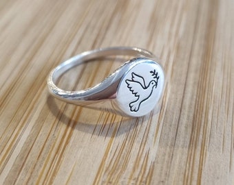 Signet ring sterling silver modern round polished ladies mens pinky 925 Dove Of Peace Bird Engraved