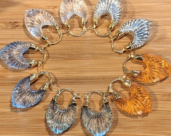 Statement Shell Retro Hoop Earrings Mermaid Prom Vintage Style Rockabilly Clear Green Blue Orange Gold beach festival Colourful resin