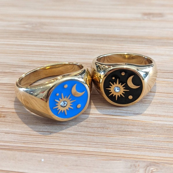 Gold Signet Ring Celestial Moon Sun Stars Enamel Black Blue Round Ladies