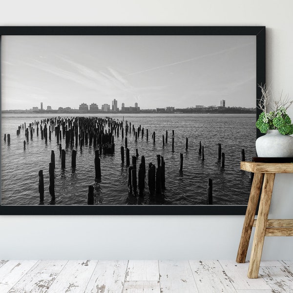 Photographie de New York, Paysage Hoboken, Riviere Hudson, Jetée, decoration murale manhattan, affiche voyage