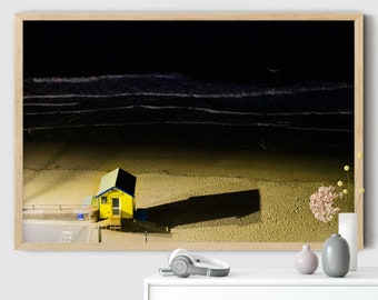 Aerial Beach Photography, Isle of Wight, Little Beach Hut, Beach Huts, Night Photography, Seaside Prints, Sandown, British Decor