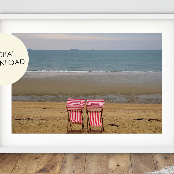 Beach Digital Download, Sandown Beach Print, Deck Chairs, Isle of wight, Beach Photography, British decor, Coastal Decor, Seascape, iow