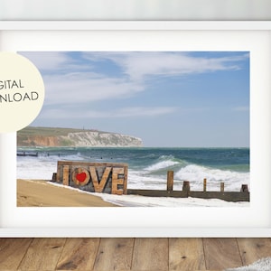 Love Sign Digital Download, Beach Photo, Romantic, Seascape Print, Coastal Decor, Sandown Beach, Isle of wight, iow