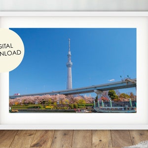 Tokyo Skytree, Tokyo Digital Download, Large Printable Tokyo, Tokyo Cityscape, Cherry Blossom Art, Japanese Art Print, Sakura Blossoms