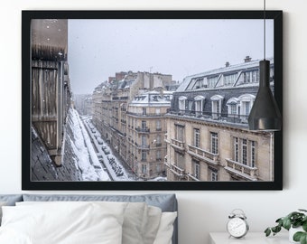 Snow in Paris Print, Paris Wall Art, Paris Rooftop, Paris Street, Architecture Poster, Cityscape print