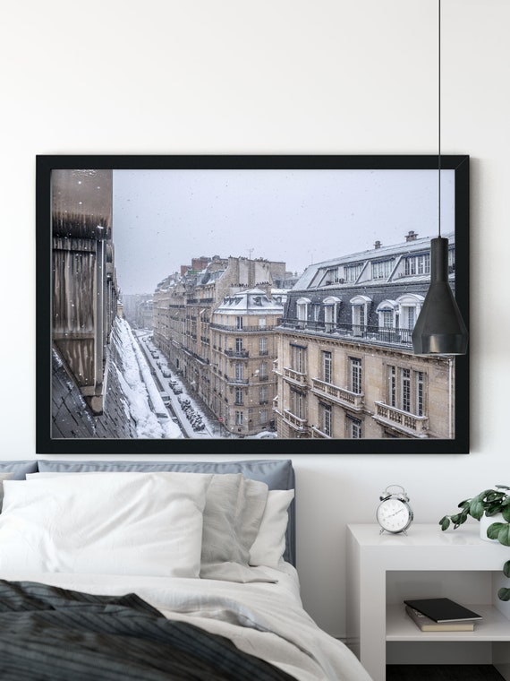 Snow in Paris Print, Paris Wall Art, Paris Rooftop, Paris Street, Architecture Poster, Cityscape print