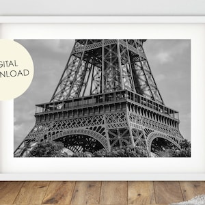 Impresión de la Torre Eiffel, descarga digital de París, primer plano de la Torre Eiffel, arquitectura de París, impresión en blanco y negro de París, París imprimible grande