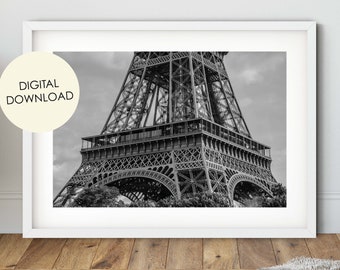 Eiffel Tower Black and White Photography Print, Paris Architecture (Digital Download)