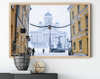 Dom von Finnland Fotografie, Kirche im Schnee, Finnland Kirche, Helsingin tuomiokirkko, nordische Architektur, skandinavisches Dekor