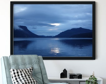 Blue Coastal Wall Art, Minimalist Seascape Photography Print, Mountain Landscape Decor, Contemporary Fine Art Photo