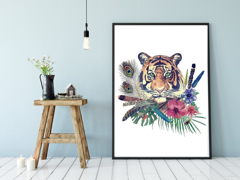 TIGER BOHO CHIC, Wall Art , Printable Botanic Poster, Digital Art Etsy
