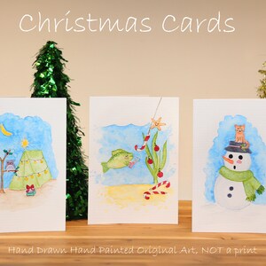 Cartes de Noël originales dessinées à la main et peintes à la main pour les campeurs pêcheurs et les amoureux de la nature (pas seulement une impression)