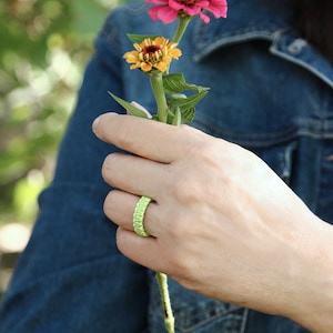 May include: A light green woven ring is worn on a finger, holding a stem with two colorful zinnia flowers. The flowers have pink and yellow petals. The background is a denim jacket and blurred greenery.