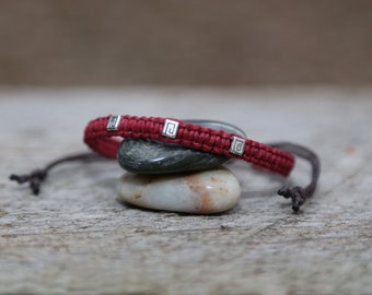 Men's Dark Red Square Knot Bracelet, Square Silver Beads, Handmade Jewelry, Birthday Gift, Anniversary Gift for Man