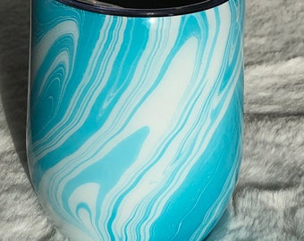 Hand Painted Teal and White Water Marbled Insulated Wine Tumbler