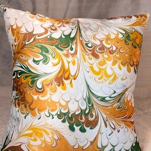 Gold Brown and Green Hand Painted Water Marbled Satin Throw Pillow Cover image 1