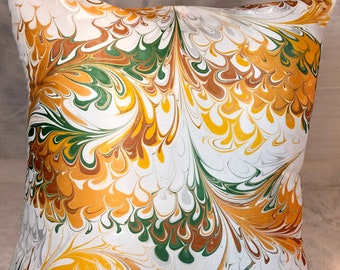 Gold Brown and Green Hand Painted Water Marbled Satin Throw Pillow or Cushion Cover
