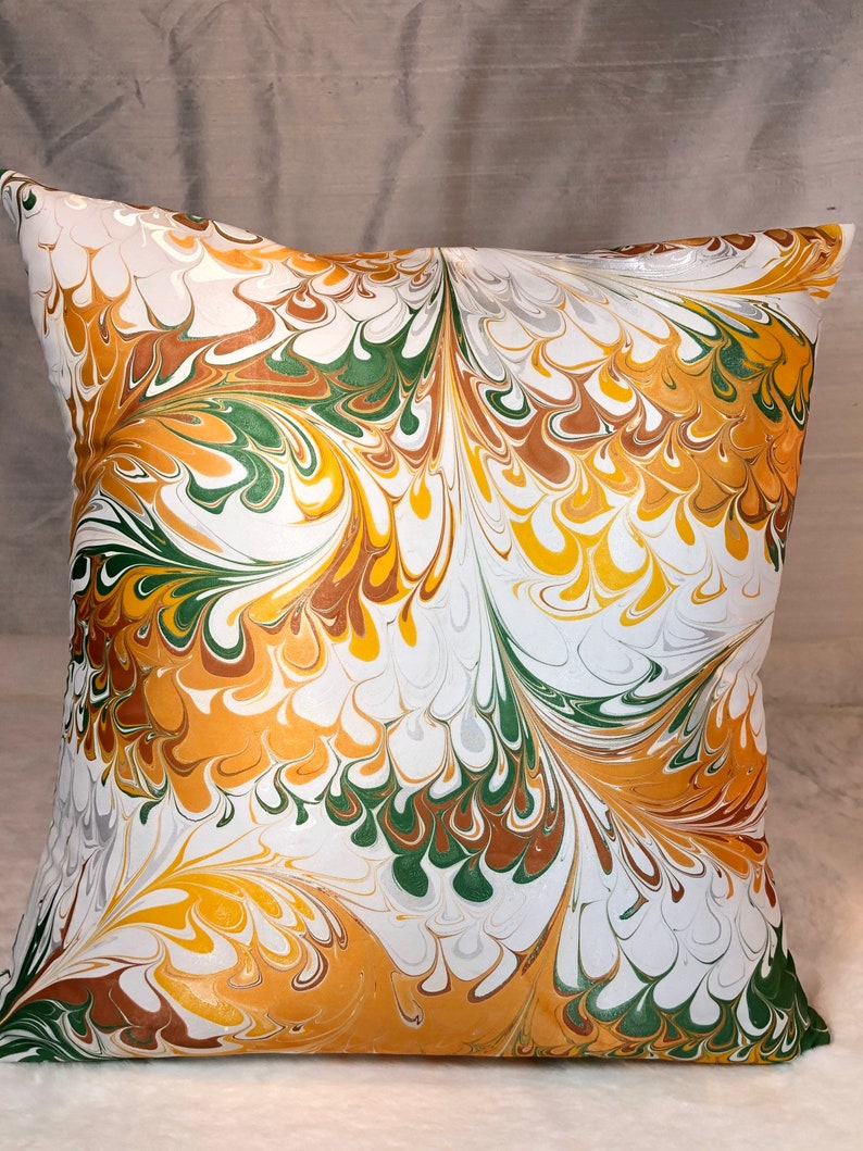 Gold Brown and Green Hand Painted Water Marbled Satin Throw Pillow Cover image 1