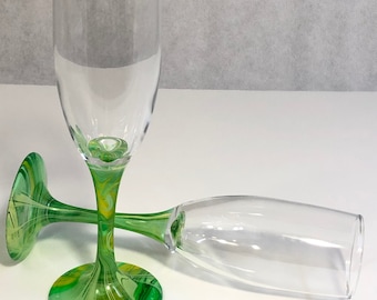 Hand Painted Green and Light Yellow Marbled Wine Glass Stemware