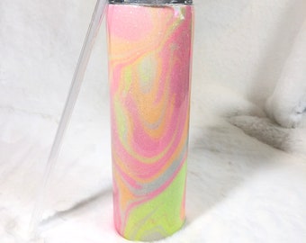 Vibrant Pink, Orange, and Green Fluorescent Water Marbled Glitter 30 oz. Tumbler - Handcrafted Epoxy Coated Cup with Stunning Color Play